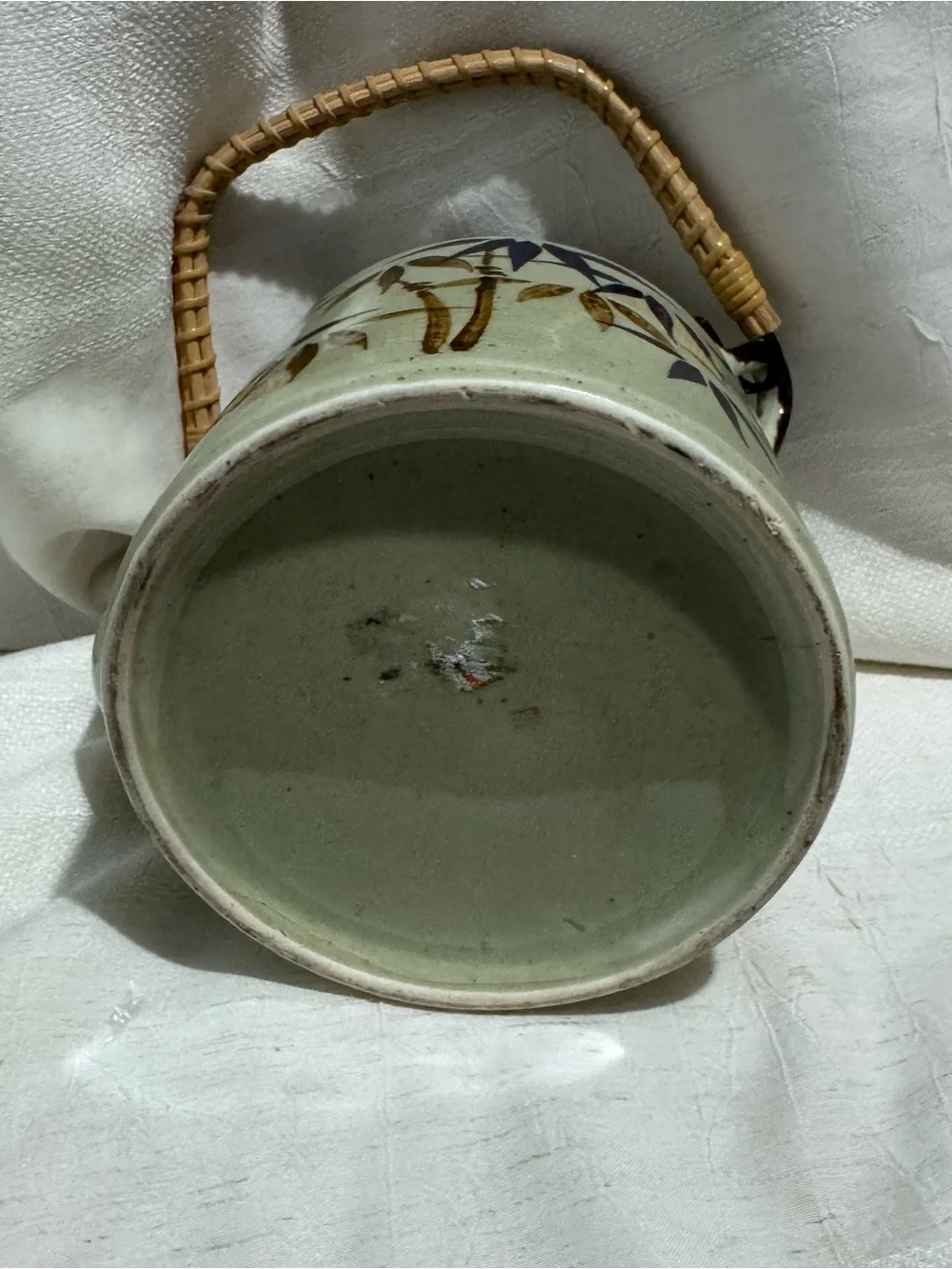 Vintage Japanese Stoneware Teapot Bamboo Handle Hand Painted Bamboo Motif